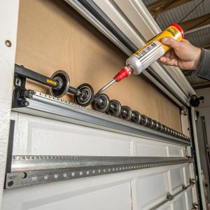 A photo of a garage door track being lubricated