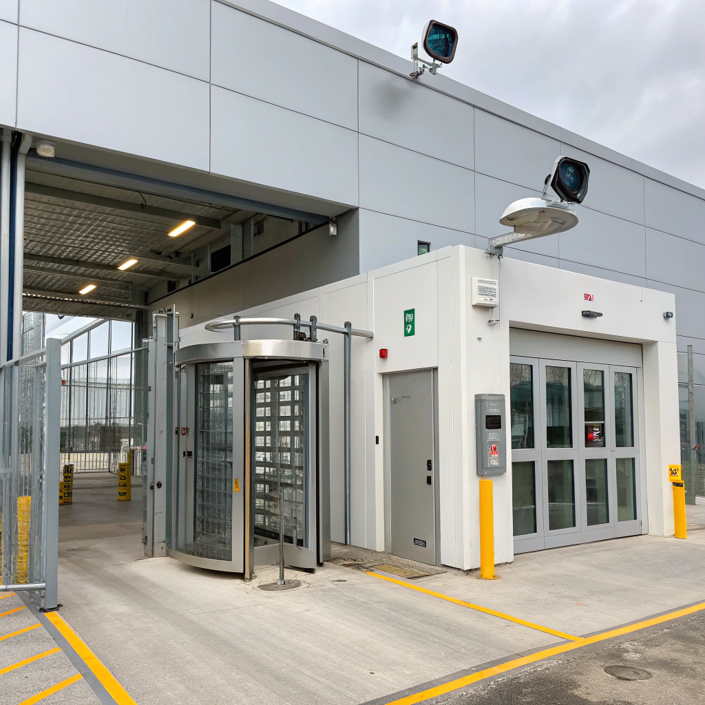 Automated industrial door with integrated security features including access control and CCTV cameras