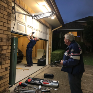 emergency garage door repair technician fixing stuck opener at Sutherland Shire home at night