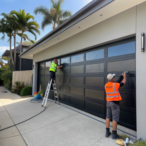 Professional garage door installation team installing sectional door on Sutherland Shire home