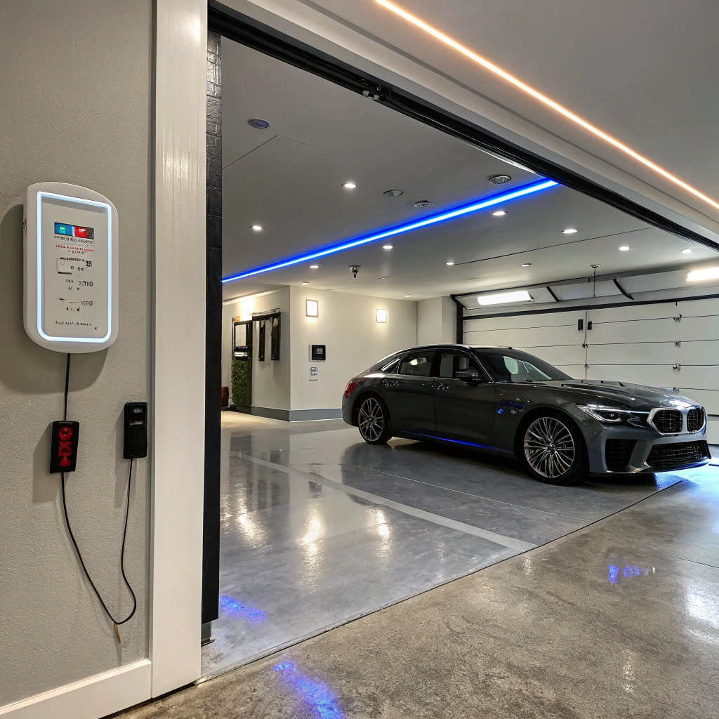 Smart garage door opener controlled by smartphone app showing WiFi connectivity and remote access features