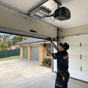 Professional technician installing Merlin garage door motor in Sutherland Shire home garage