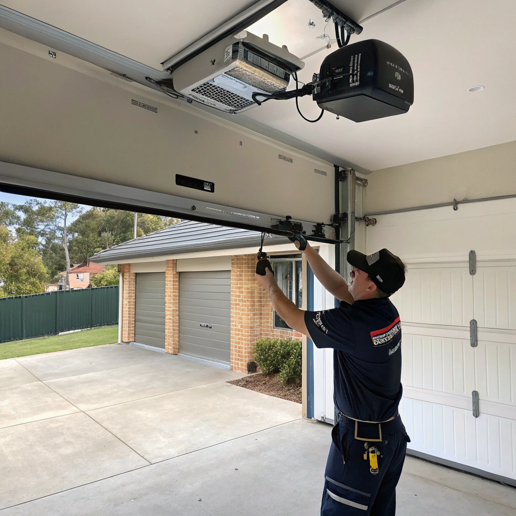Professional technician installing Merlin garage door motor in Sutherland Shire home garage