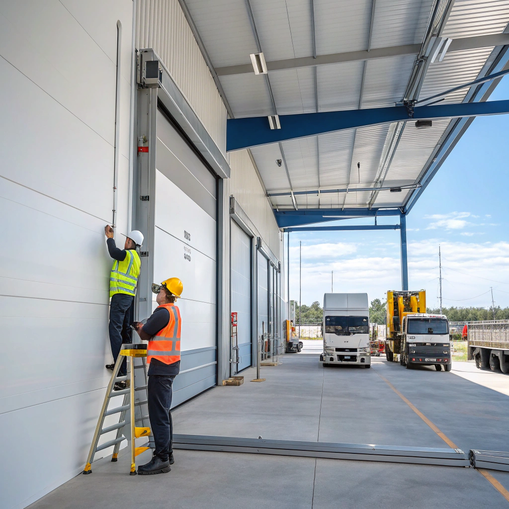 Professional technicians installing industrial sectional overhead door at warehouse loading dock in Sutherland Shire