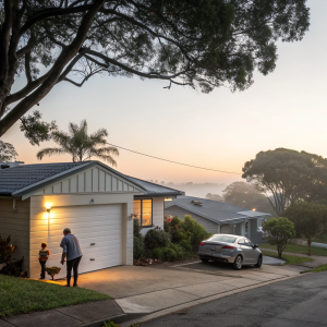 Quiet Merlin garage door opening at dawn in peaceful Sutherland Shire neighborhood without disturbing neighbors
