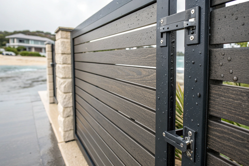 Close-up detail of marine-grade aluminum privacy gate with composite timber-look slats and stainless steel hardware designed for Sutherland Shire coastal condition