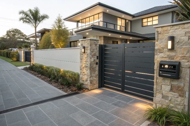 Premium automatic sliding gate with LED lighting installed at modern Sutherland Shire home entrance, featuring charcoal powder-coated aluminum and professional landscaping