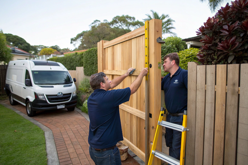 Licensed tradesmen professionally installing timber privacy gate at Sutherland Shire family home with service van and quality tools visible