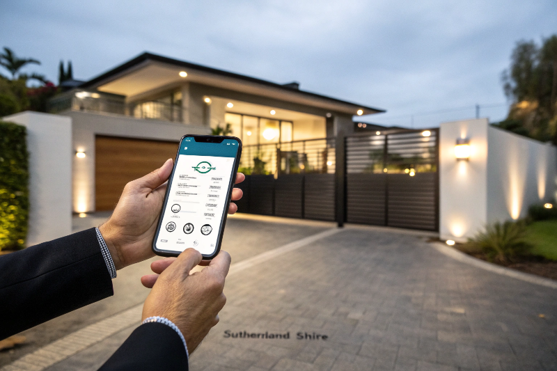 Smartphone displaying smart gate control app interface with automated driveway gate and security features visible in background at Sutherland Shire home