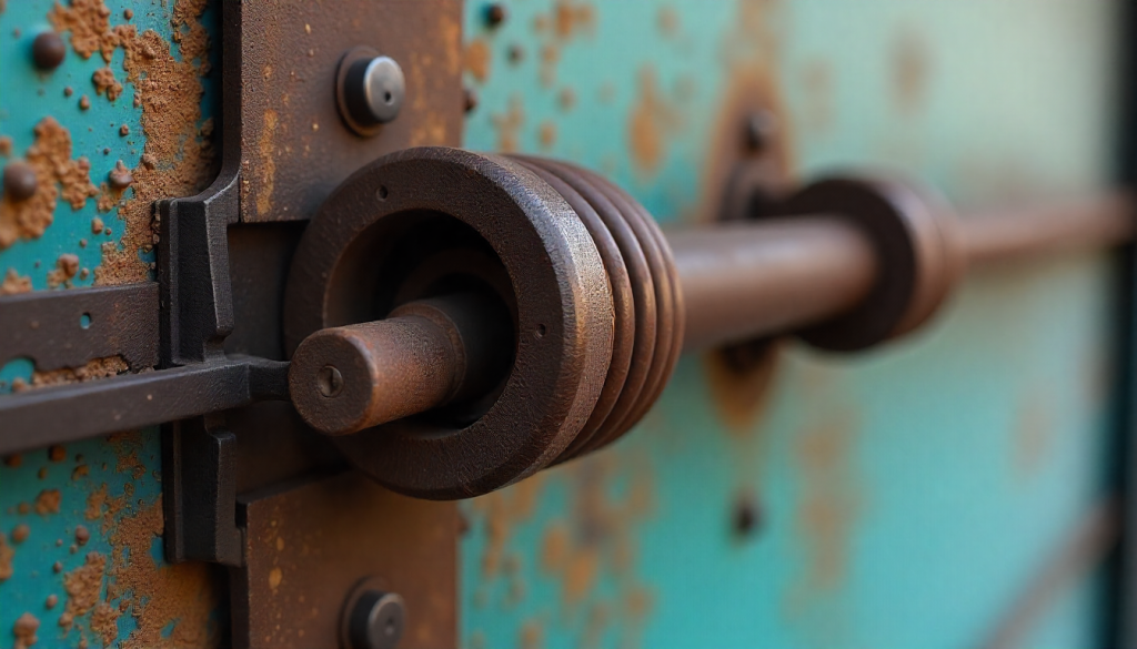 Detailed macro photo of corroded garage door springs and cables damaged by coastal salt air, showing rust and wear on metal components.