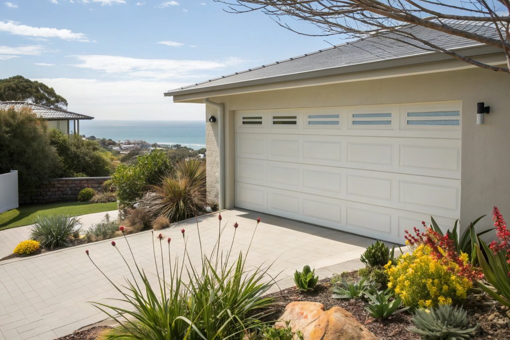 Well-maintained garage door on Gymea home with coastal landscaping