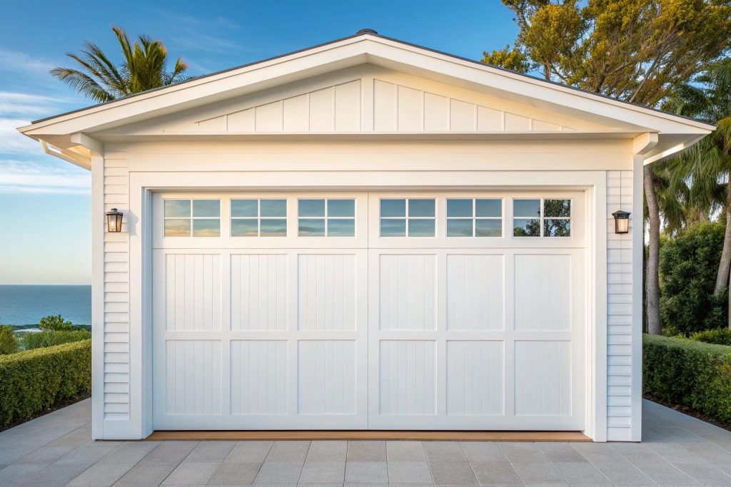 Hamptons style timber garage door on Sutherland Shire coastal home