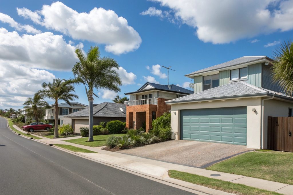 Residential homes with garage doors in Gymea coastal neighbourhood
