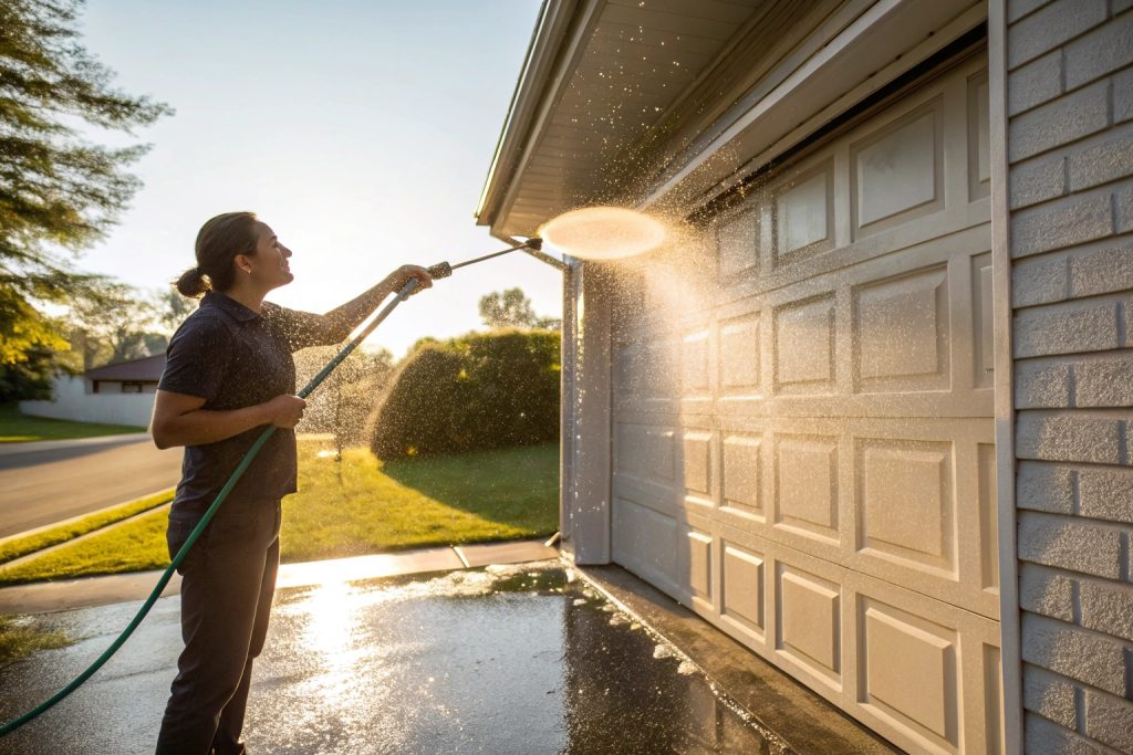 Homeowner maintaining garage door with monthly wash to prevent salt damage