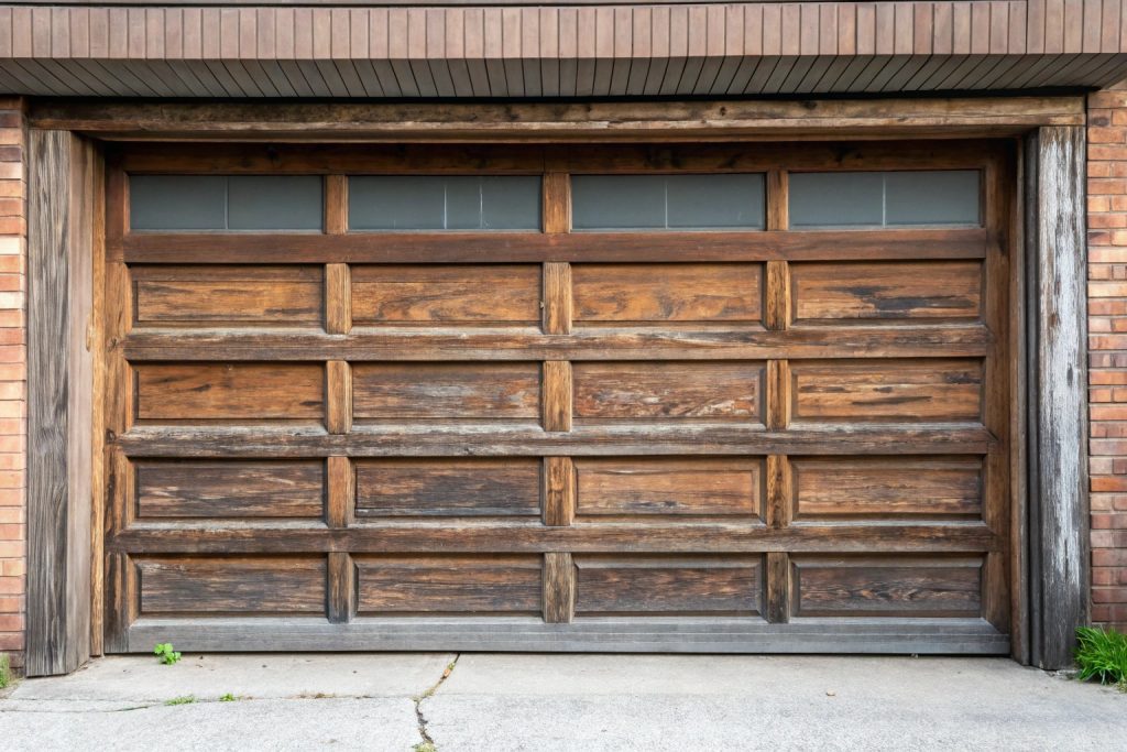 Damaged warped garage door showing signs of deterioration