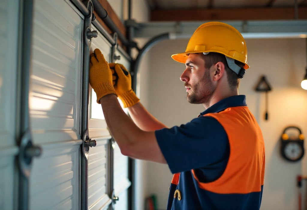 Professional tradesman in safety gear and uniform working on garage door spring replacement,