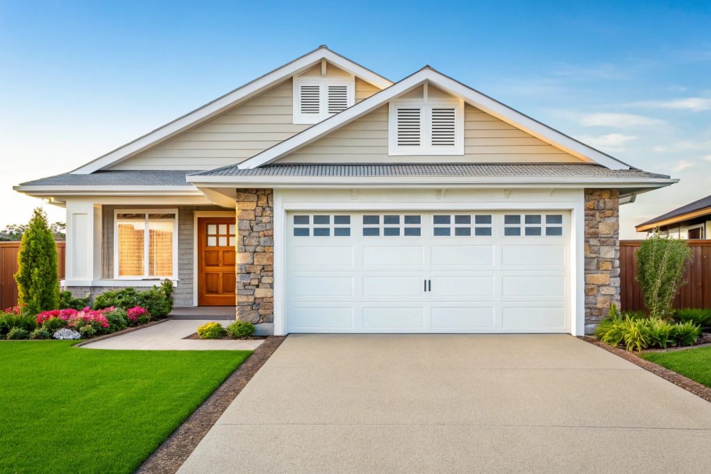 Modern sectional garage door on Caringbah home with coastal architecture