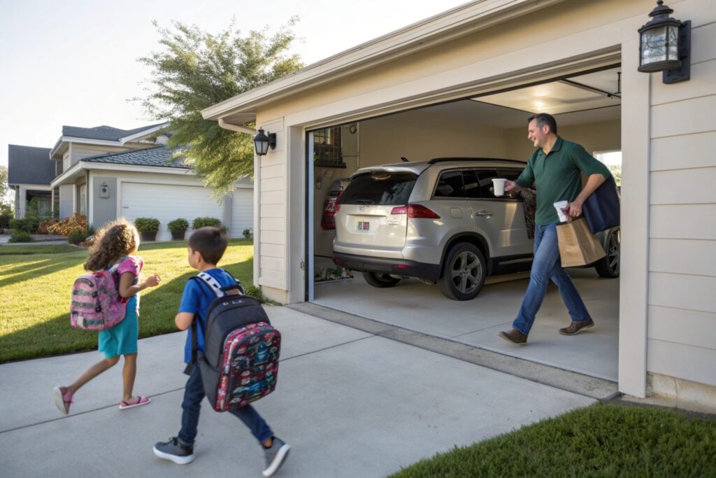 A busy parent rushing out to their car in the morning with kids' school bags visible, garage door open showing family SUV inside