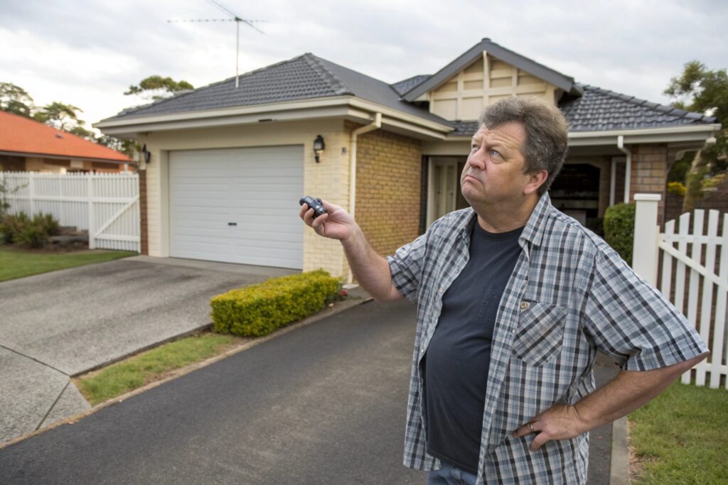 A frustrated middle-aged homeowner standing in their driveway holding a garage door remote, looking annoyed at a closed garage door on an Australian suburban home