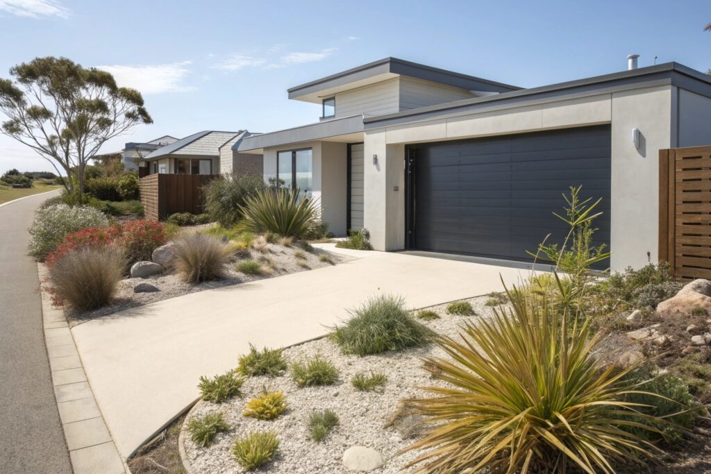 A modern Australian suburban home exterior with a sleek contemporary garage door, coastal style landscaping, bright sunny day