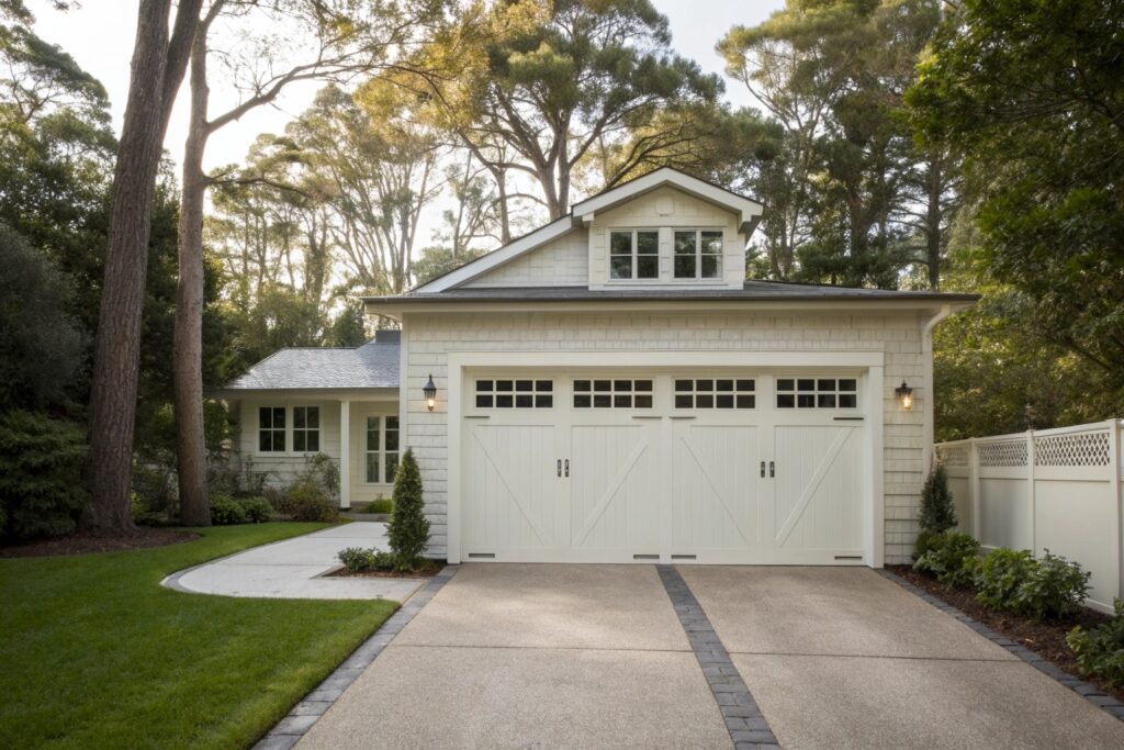 Hamptons style garage door on Sutherland Shire family home showing popular design choice