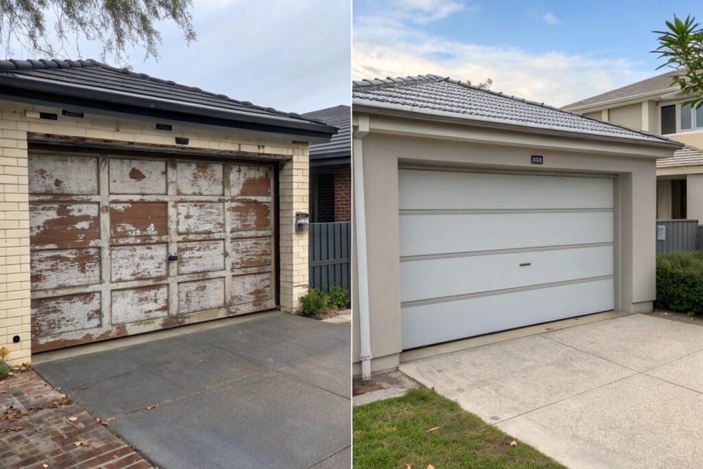 Comparison of old weathered garage door versus new replacement showing improved lifespan