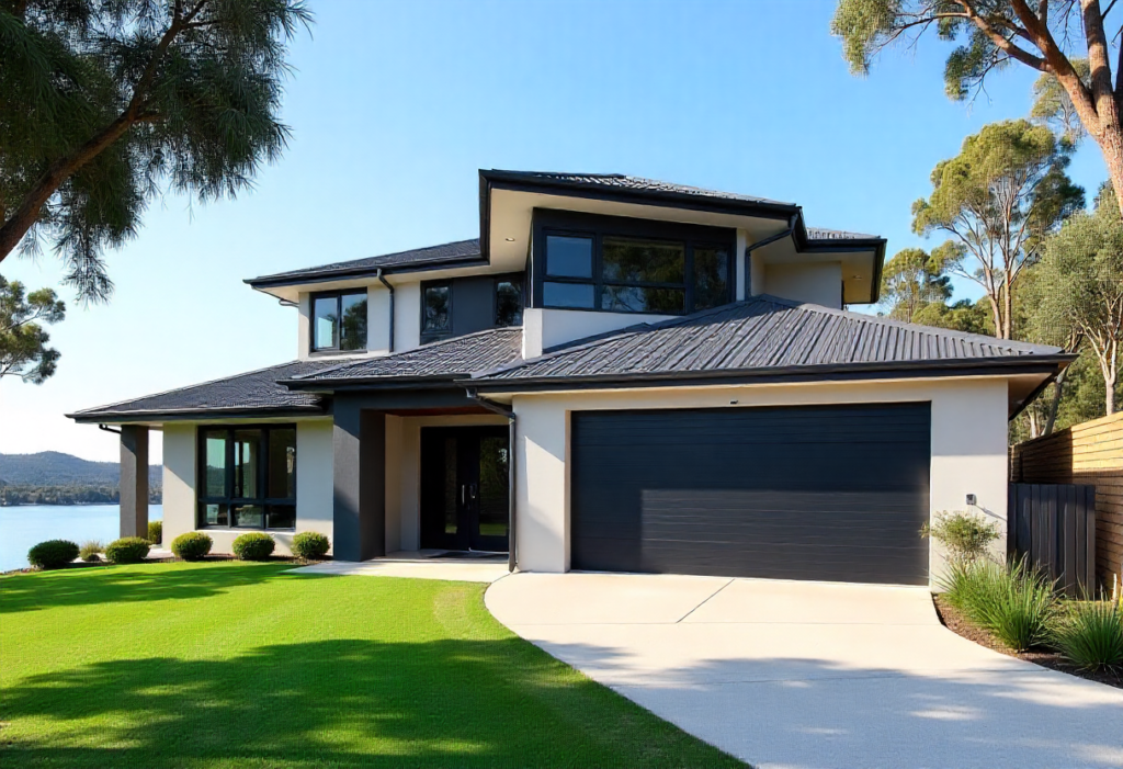 two-story modern Australian home with contemporary black aluminum composite garage door Alfords Point