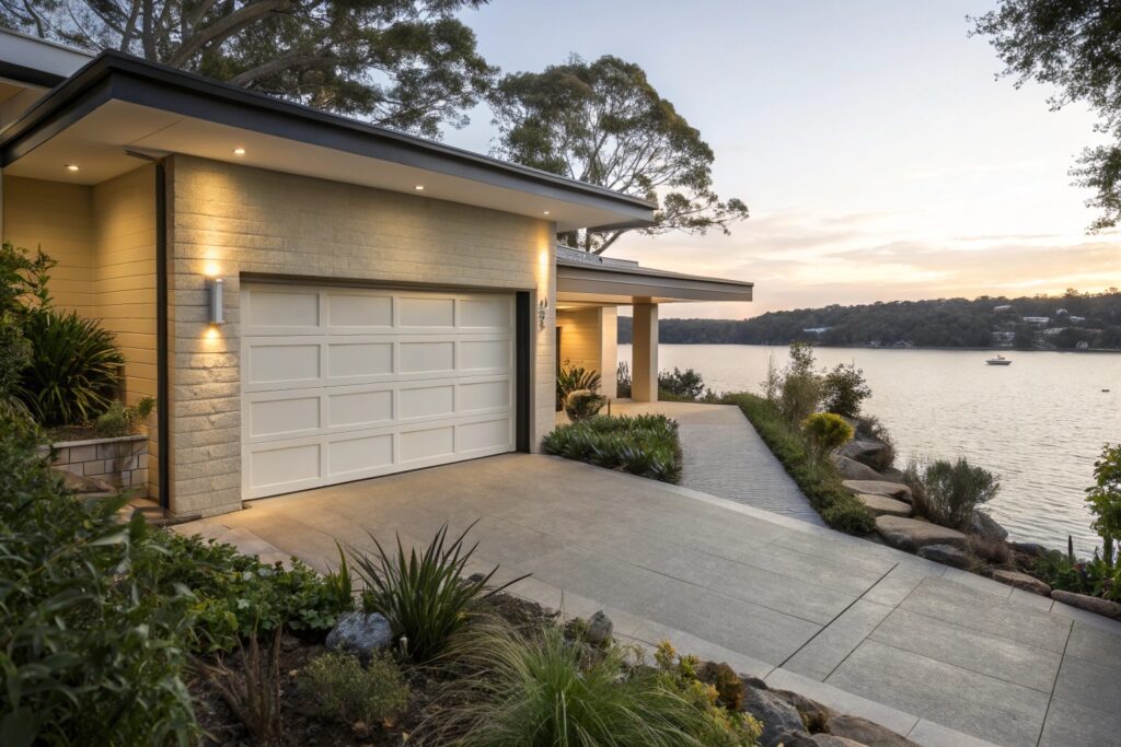 Premium garage door installation on Yowie Bay waterfront home with Port Hacking estuary views