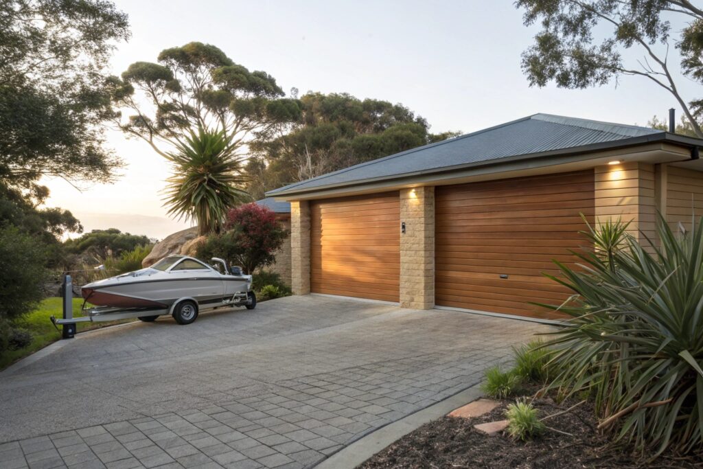 Coastal garage door with boat trailer parked outside Port Hacking property