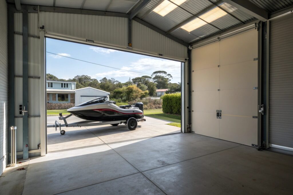 Oversized garage door open with jet ski storage inside Port Hacking marine shed