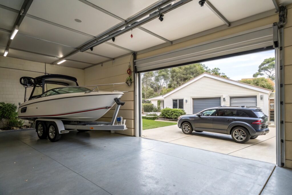 Wide-span garage door open showing boat trailer storage at a Yowie Bay waterfront property